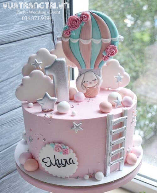 Bánh gato sinh nhật cho bé gái 1 tuổi màu hồng đáng yêu, dễ thương nhất  7316 - Bánh fondant