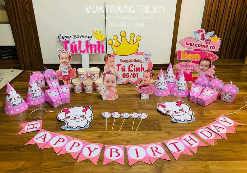 Combo hình chipi sinh nhật bé gái Tú Linh chủ đề cún con màu hồng